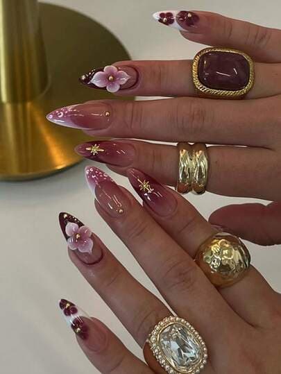 Burgundy Gradient Star Floral Almond Nails