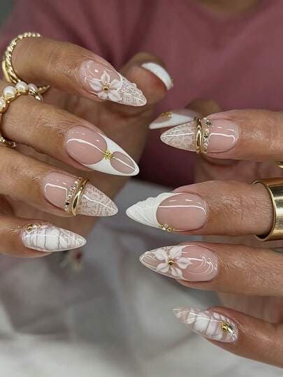 Crocodile Gold Foil Rhinestone Almond Nails