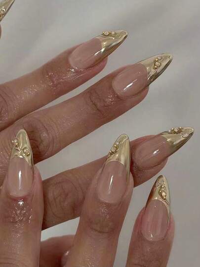 Gold Mirror Line Almond French Nails
