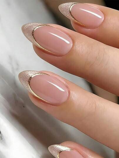 Gold Trim Cat Eye Almond French Nails