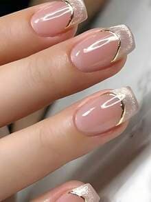 Icy Nude Gold-Line Short Square Nails