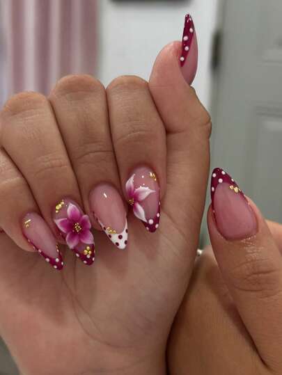 Nude Pink Polka Dot Flower Almond Nails