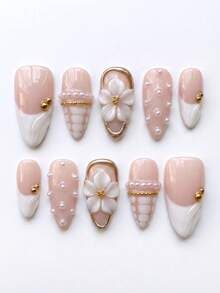 Pearl Floral Bridal Almond Press-On Nails