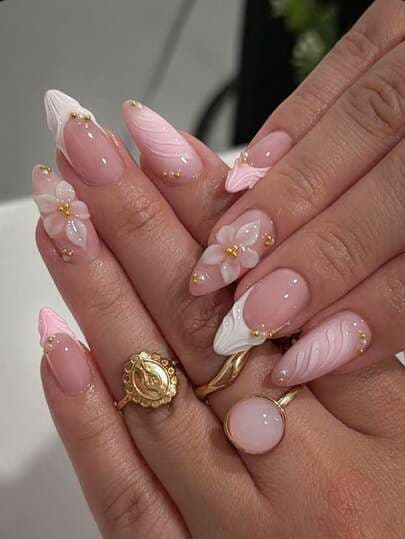Pink 3D Flower Valentine Almond Nails