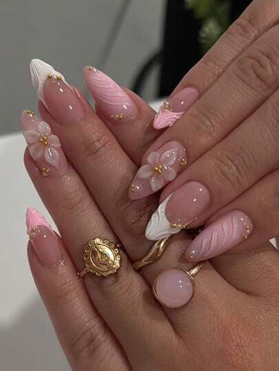 Pink White Ombre 3D Floral Almond Press-On Nails
