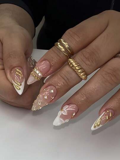 White Floral Gold Bead Almond French Nails