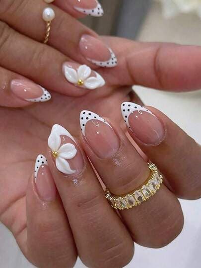 White Floral Gold Bead French Press-On Nails